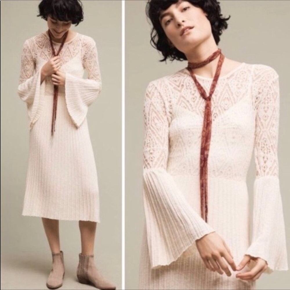 Anthropologie Floreat Serena Bell Sleeve Knit Midi Dress Cream M